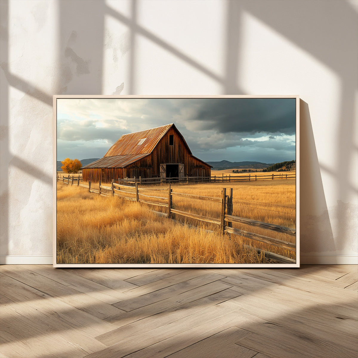 Golden Sunset Barn Wall Art Canvas Print, Rustic Autumn Farm