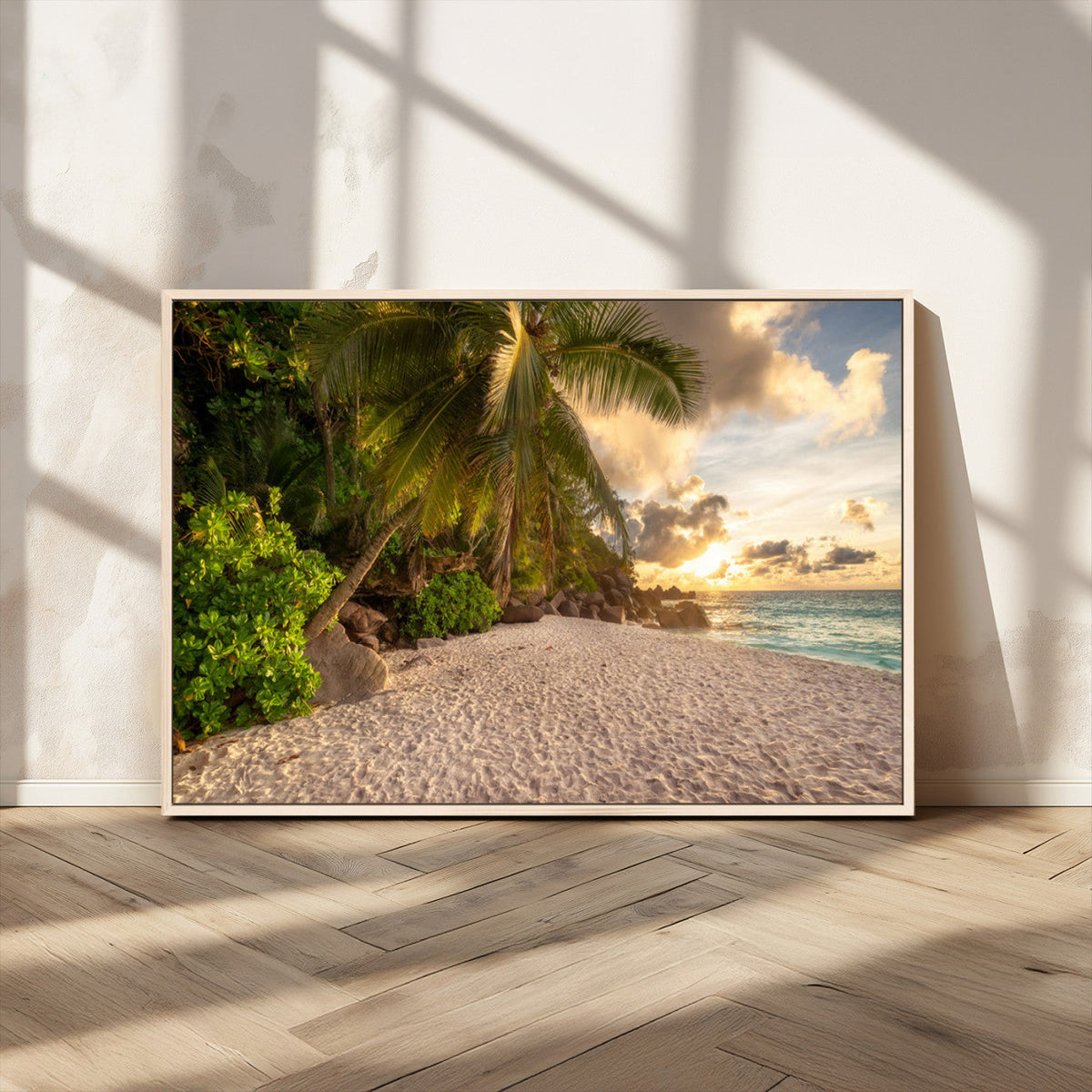 Tropical beach sunset, palm trees, white sand, ocean waves,