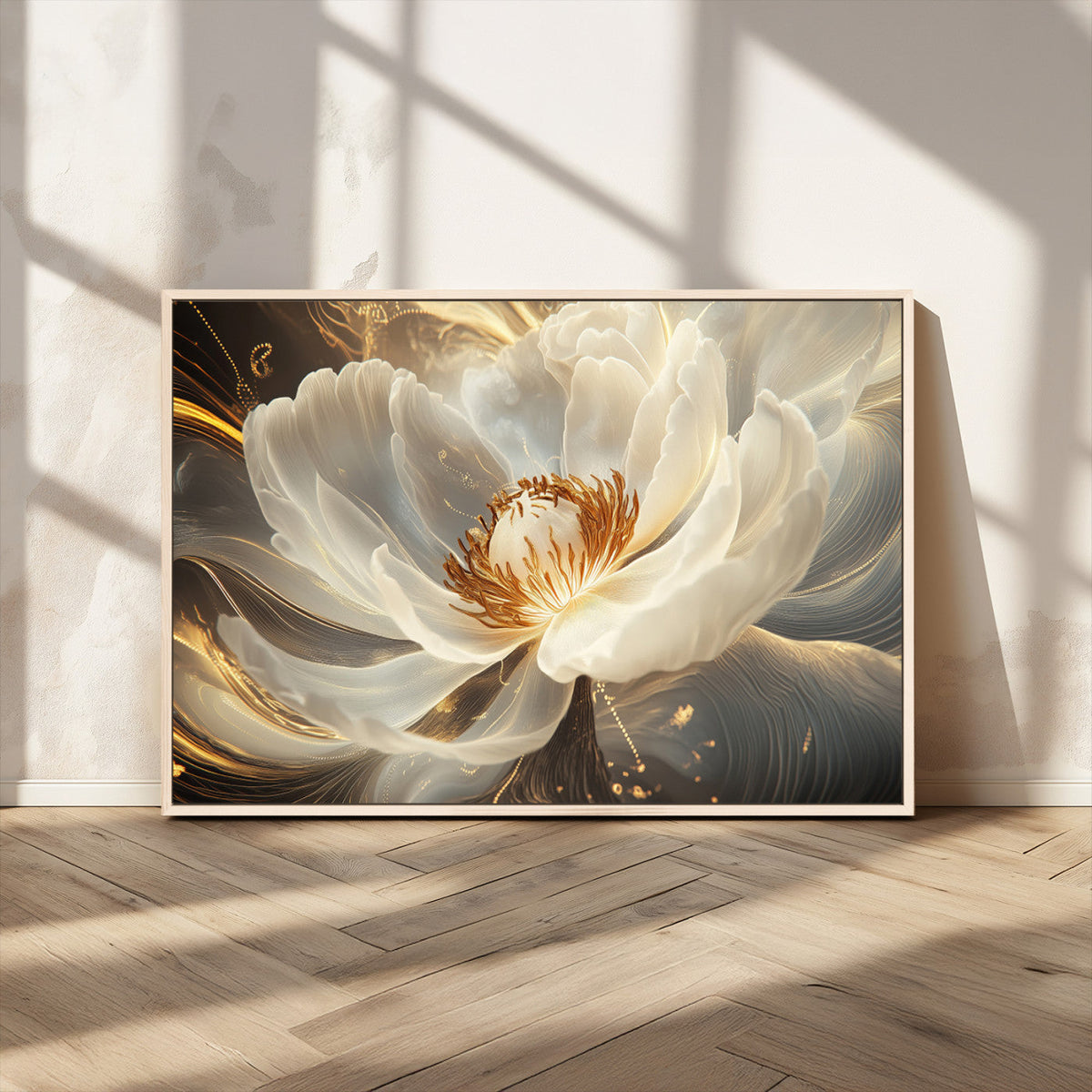 Gold Floral Wall Art Canvas Print, Framed Modern Flower Art