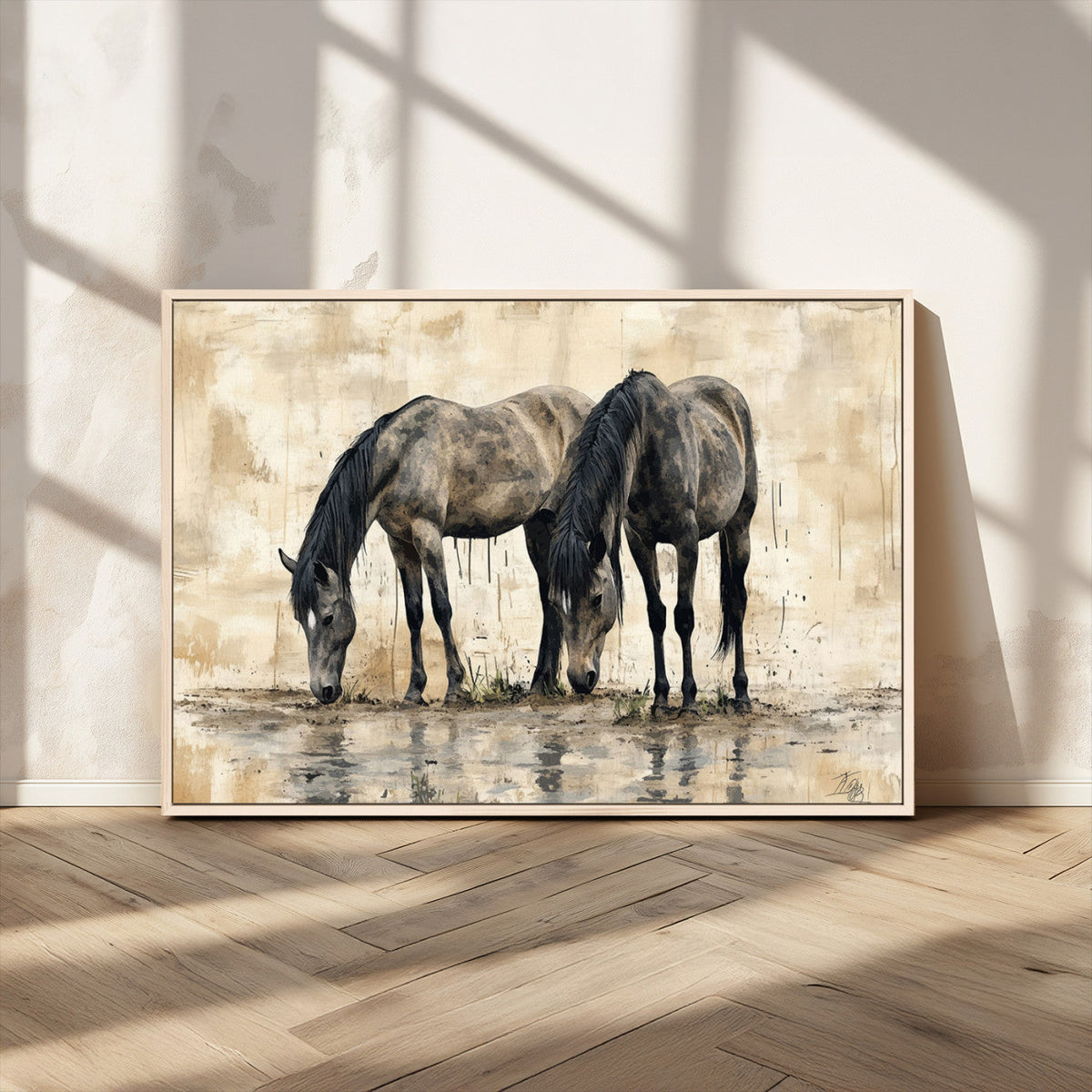 Chinese Style Abstract Black Horses Wall Art Canvas Print -