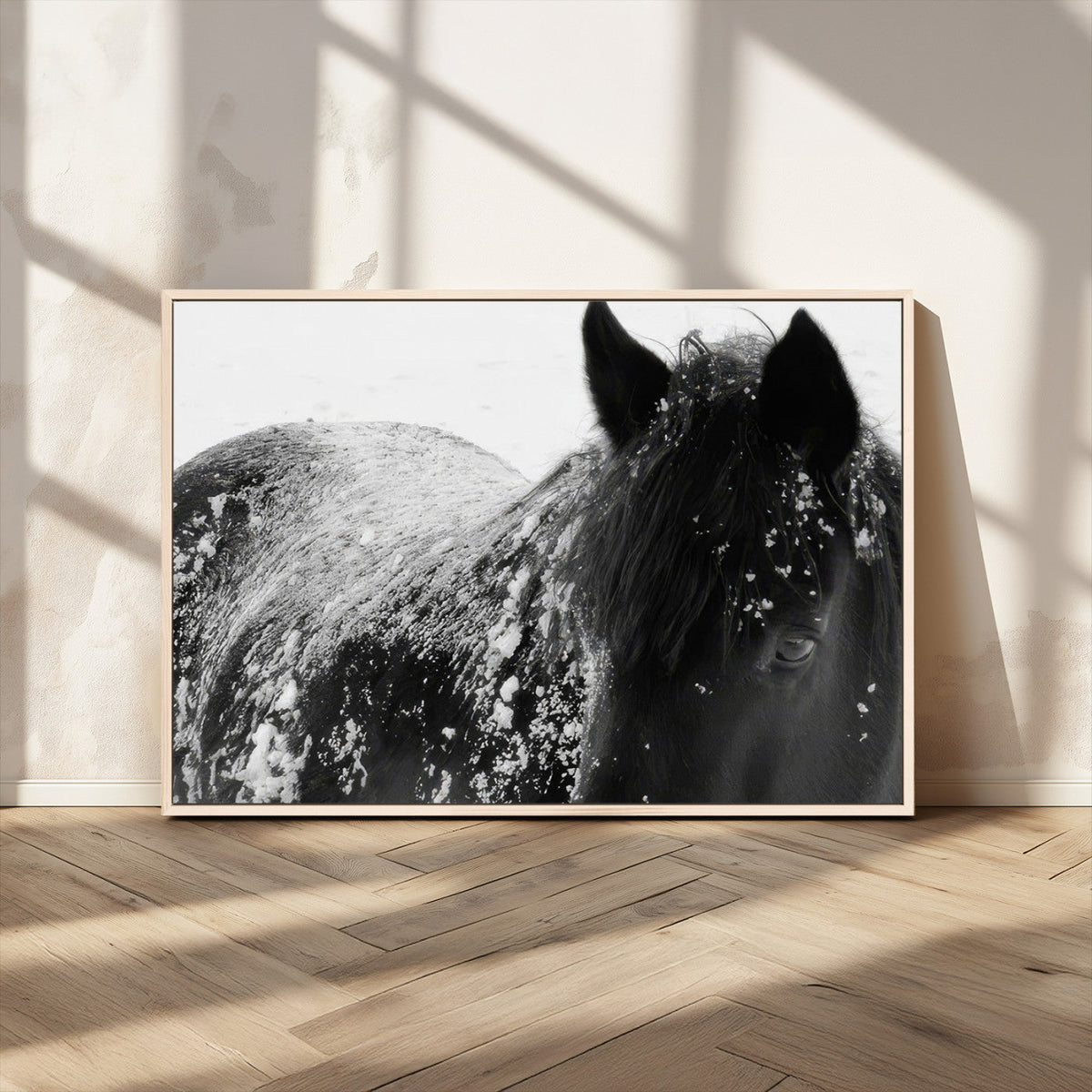 Black Horse in Snow Canvas Print | Winter Horse Wall Art |