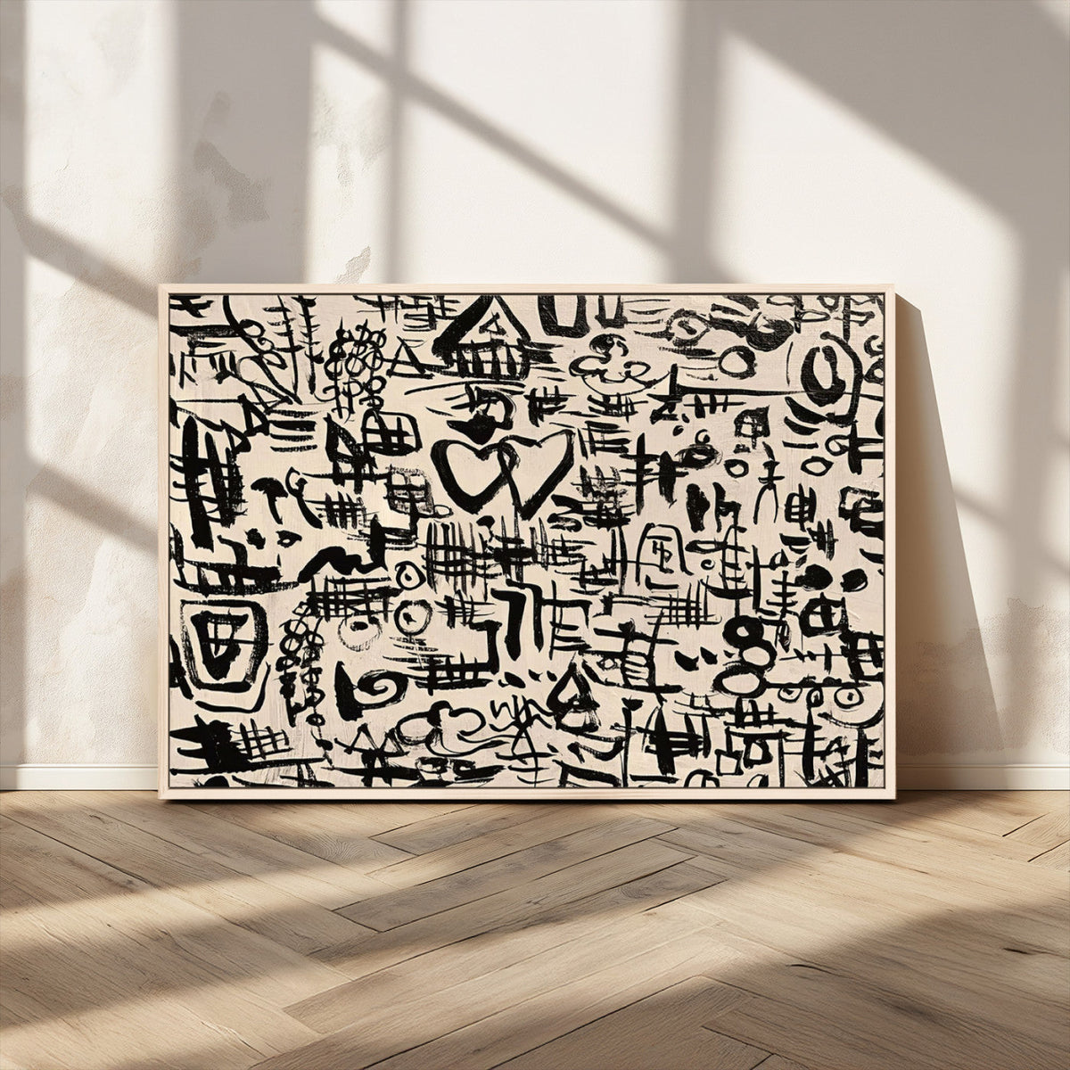 Abstract Love and Chaos Canvas Print, Black Symbols on Beige