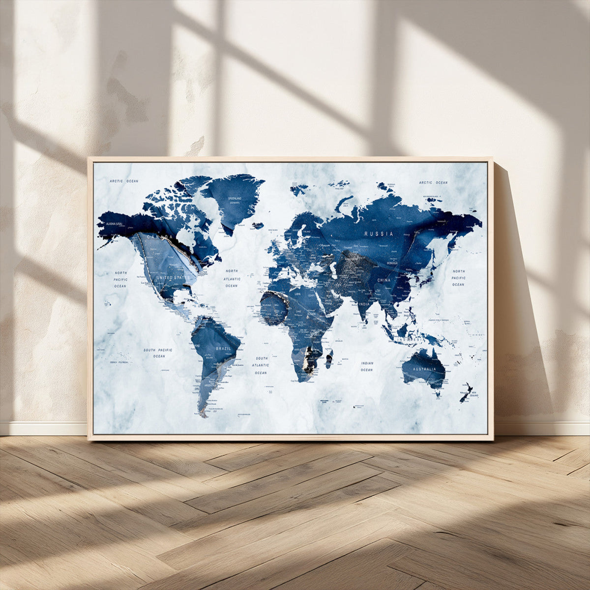 Modern Blue World Map Canvas Print – Framed Wall Art,