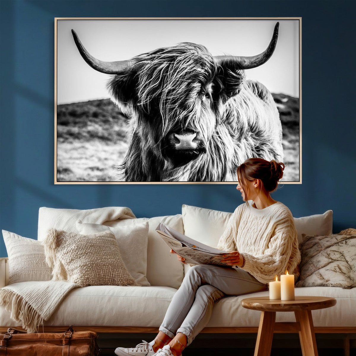 Black and White Scottish Cow Canvas Wall Art Highland Cattle