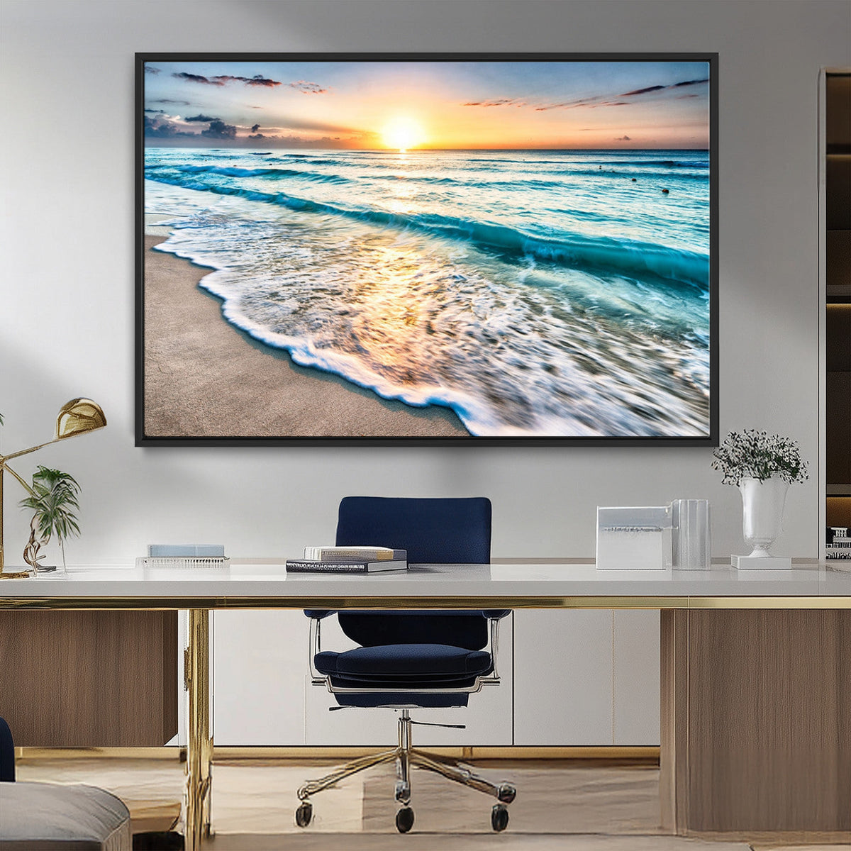 Sunset Beach Waves Canvas Wall Art – 5-Panel Ocean Sunset