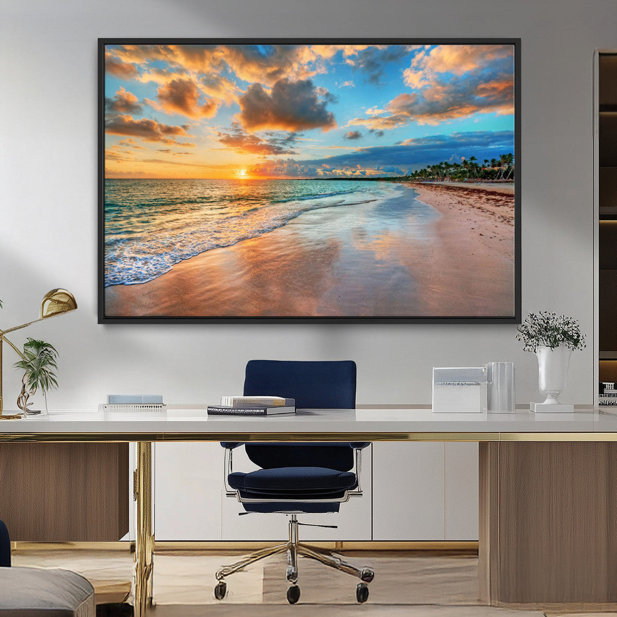 Sunset Ocean Waves on Tropical Beach, 3-Panel Giclee Canvas
