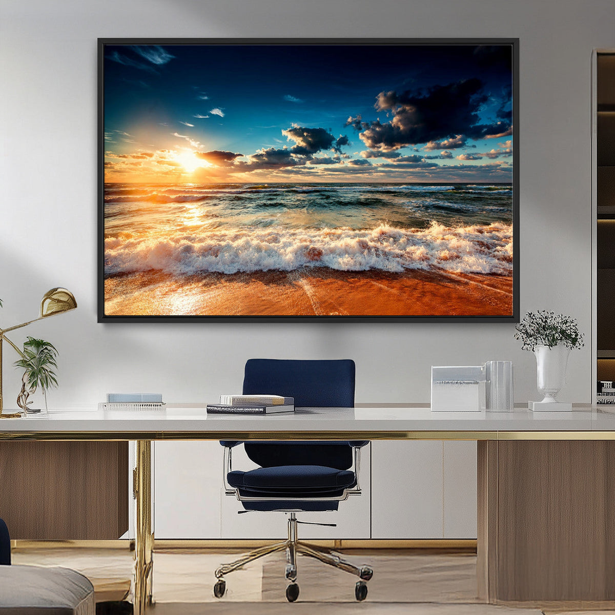 Golden Hour Sunset Over Ocean Waves Wall Art Canvas Print |