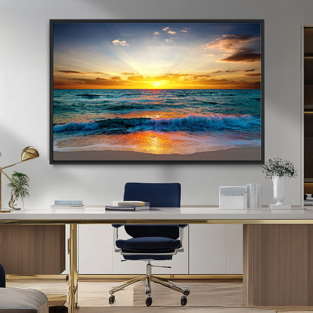 Vibrant Ocean Sunrise Over Golden Beach Waves, Giclee Canvas