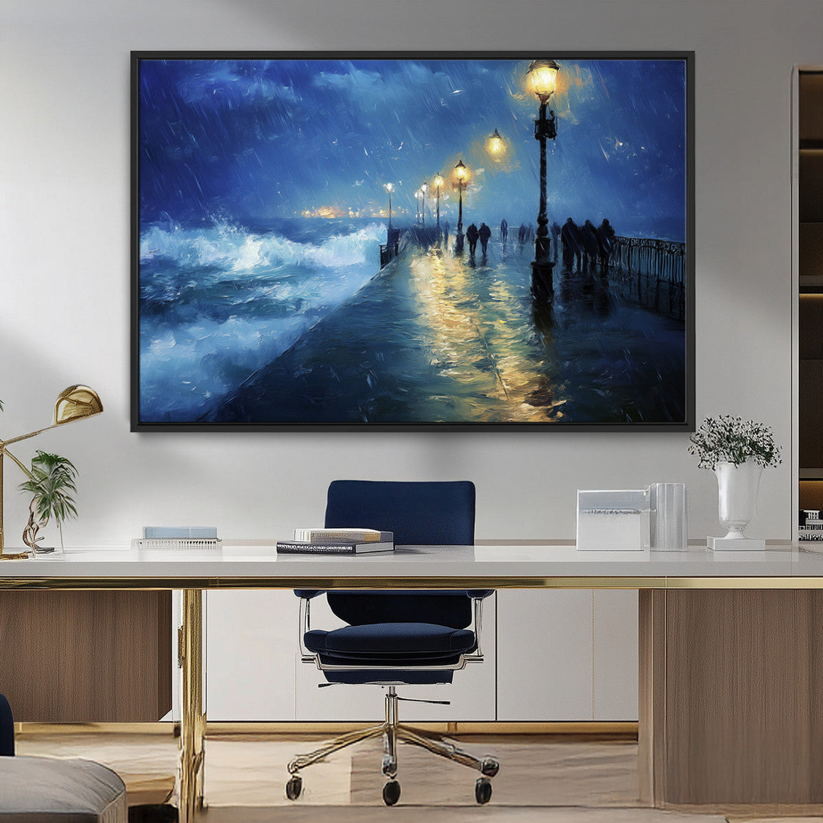 Storm Ocean Pier Canvas Wall Art Print - Large Moody Night