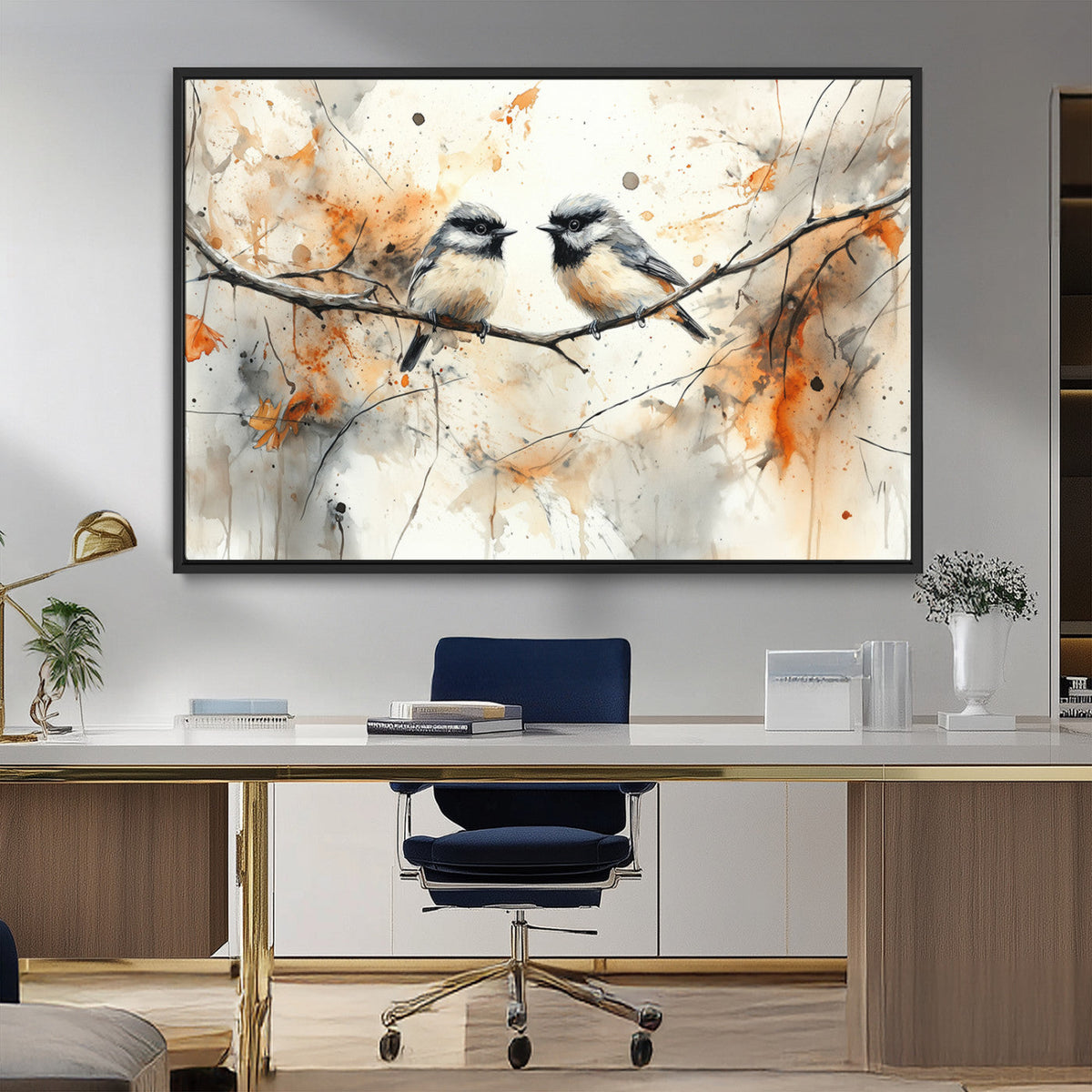 Abstract Watercolor Chickadee Bird Canvas Wall Art Print -