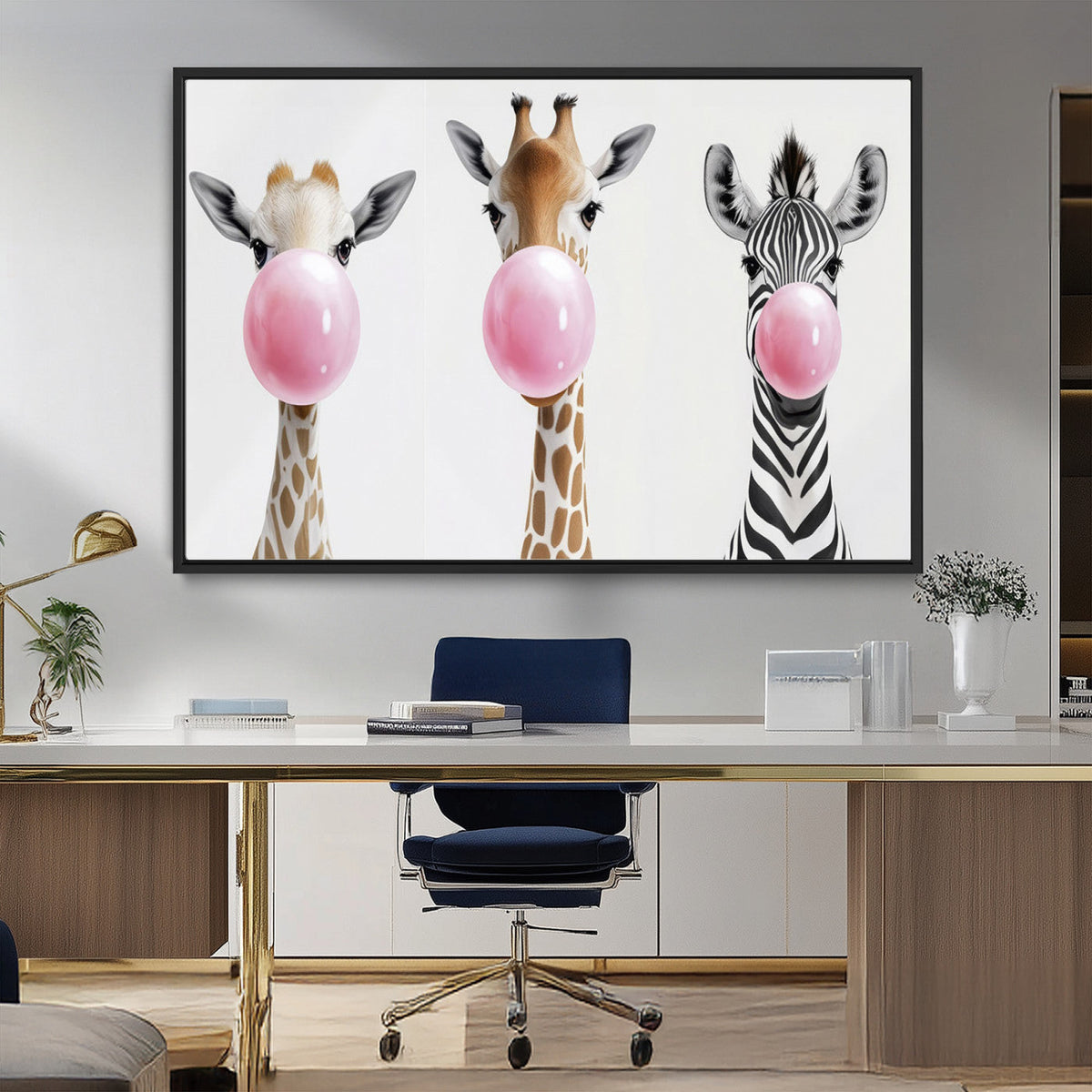 Bubblegum Animals Canvas Wall Art - Playful Giraffe and