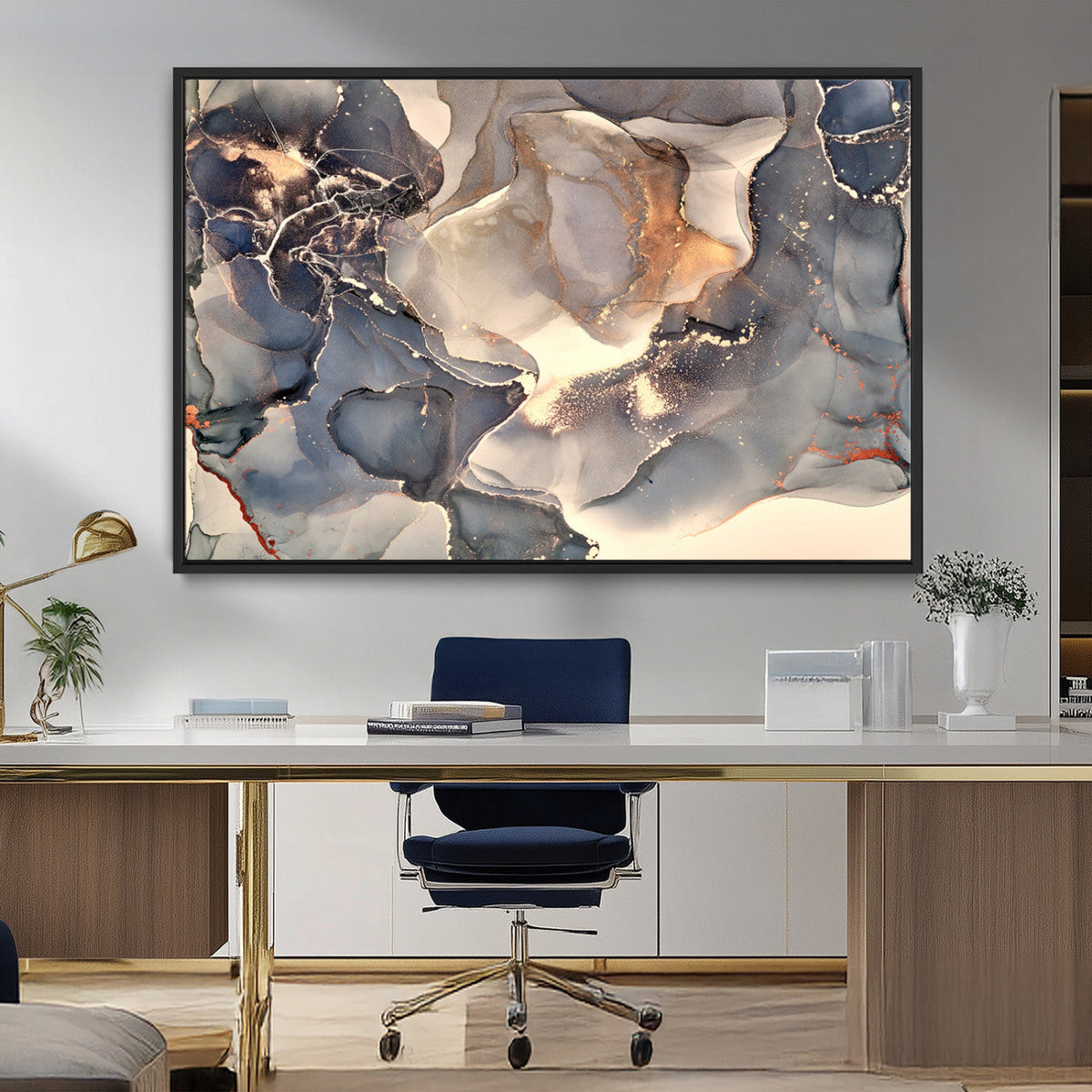 Abstract Blue and Gold Wall Art - Fluid Ink Artwork - Modern