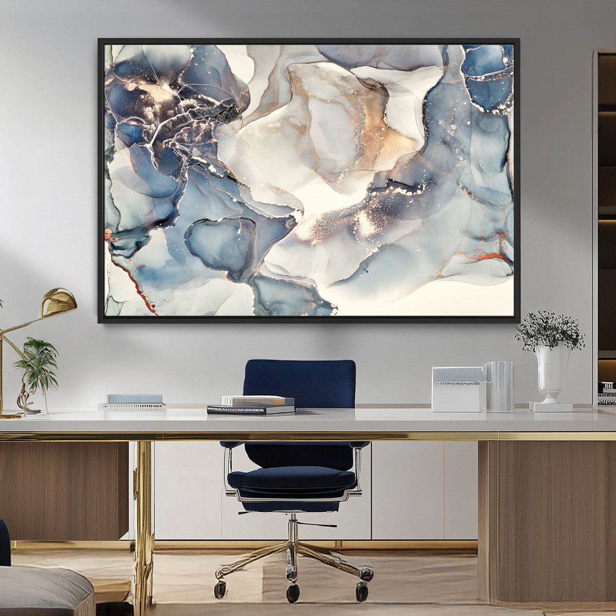 Abstract Blue and Gold Canvas Wall Art - Fluid Modern Ink