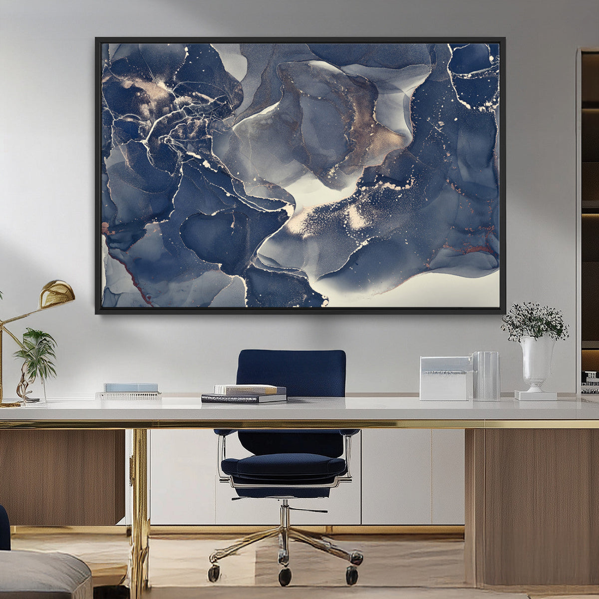 Large Abstract Blue and Gold Canvas Wall Art Fluid Ink