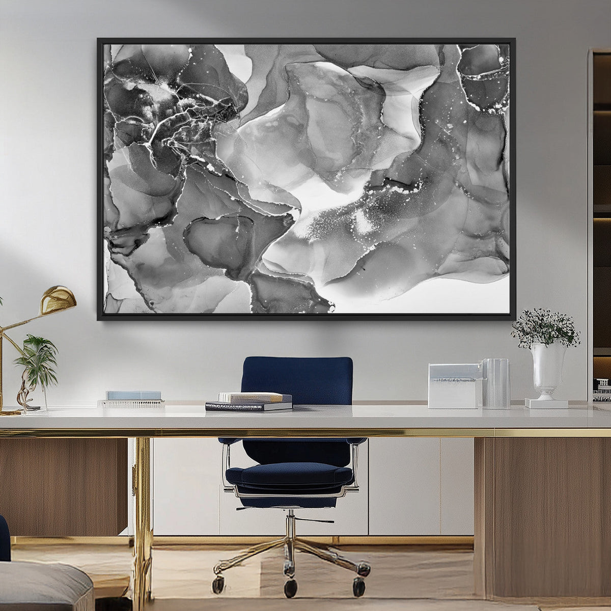 Black White Abstract Canvas Wall Art - Fluid Ink Artwork -