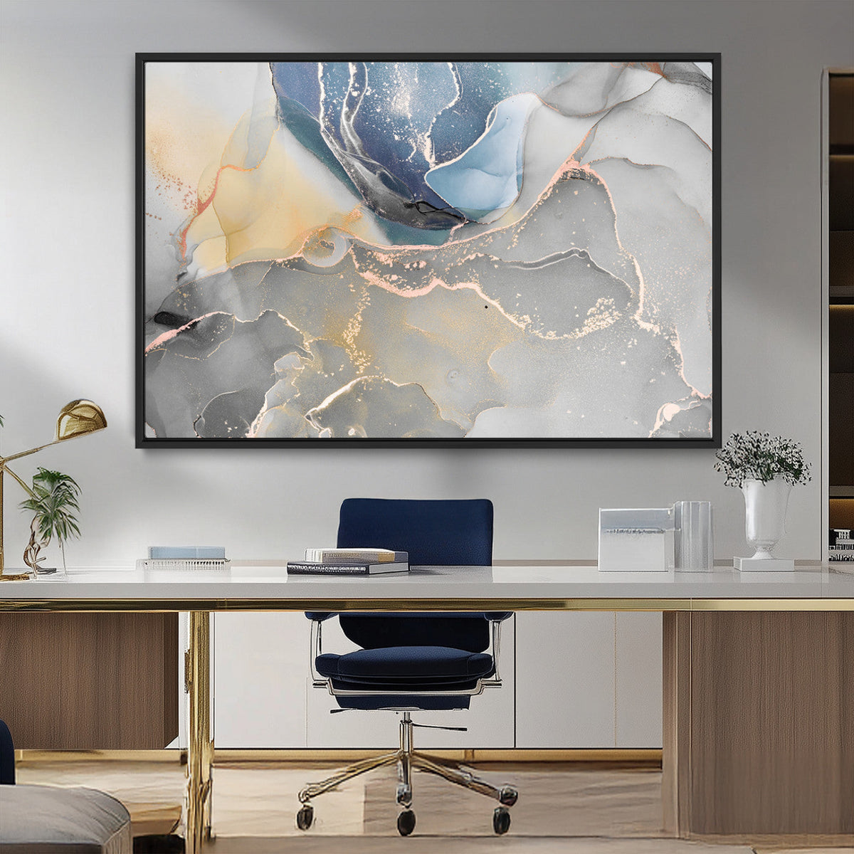 Large Abstract Blue and Gold Canvas Wall Art | Fluid Ink