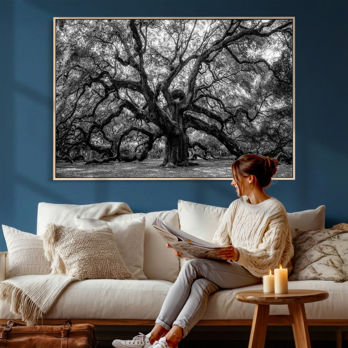 Black and White Old Angel Oak Tree Wall Art Canvas Print