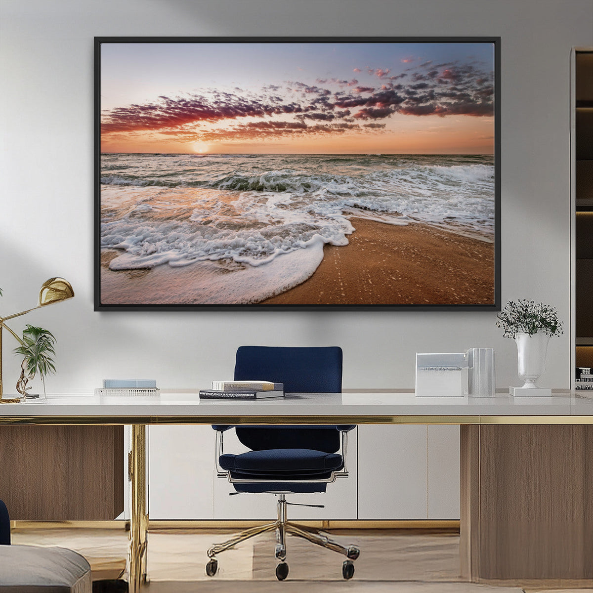 Ocean Sunset Wall Art Canvas Print – Framed Sandy Shore