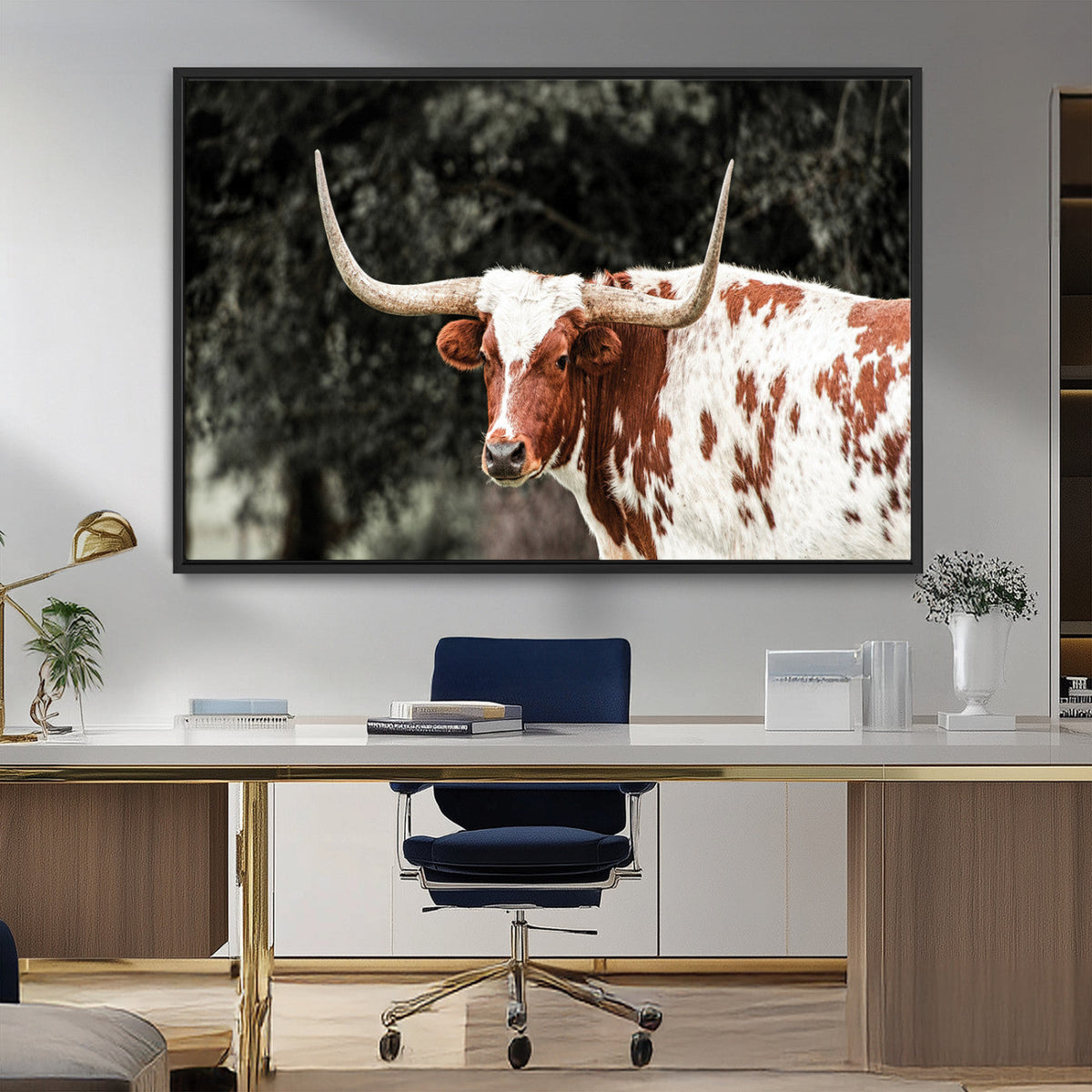 Texas Longhorn Wall Art Canvas Print – Framed Spotted Bull