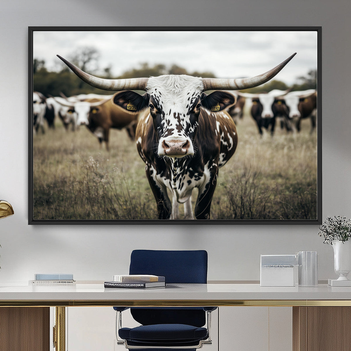 Texas Longhorn Wall Art – Framed Speckled Cow Canvas