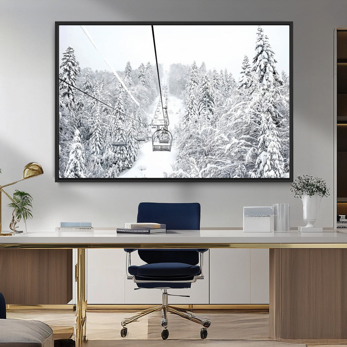 Snowy Ski Lift Wall Art – Framed Winter Mountain Canvas