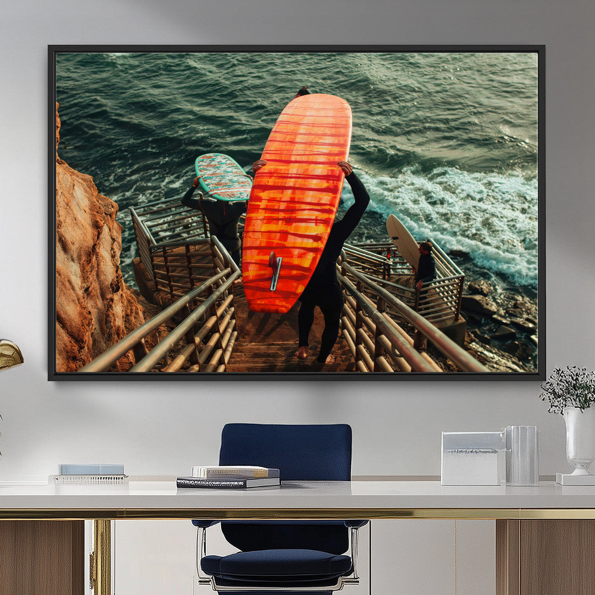 Surfer Stairway Wall Art – Framed Ocean Surf Canvas Artwork,