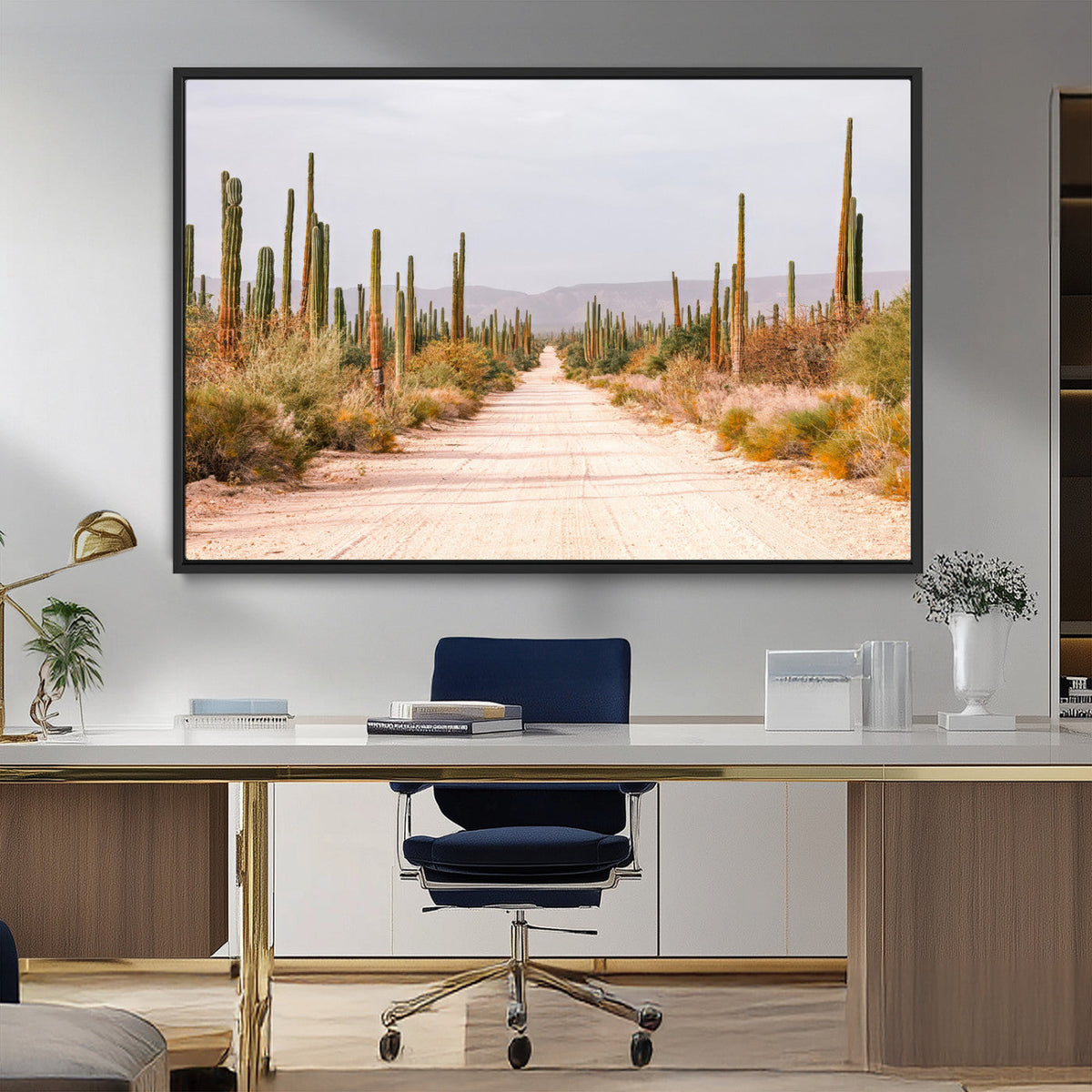 Desert Cactus Lined Road Wall Art Canvas Print – Framed