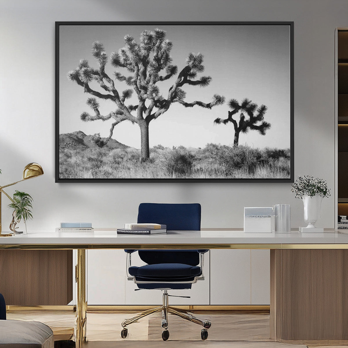 Joshua Tree Wall Art Canvas Print – Framed Monochrome Desert