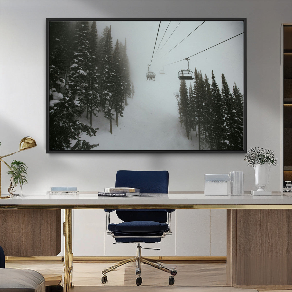 Ski Lift Wall Art Canvas Print – Snowy Pines Misty Landscape