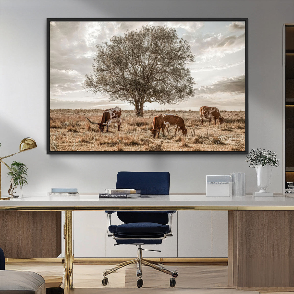 Texas Longhorn Cattle Wall Art, Rustic Western Ranch Canvas