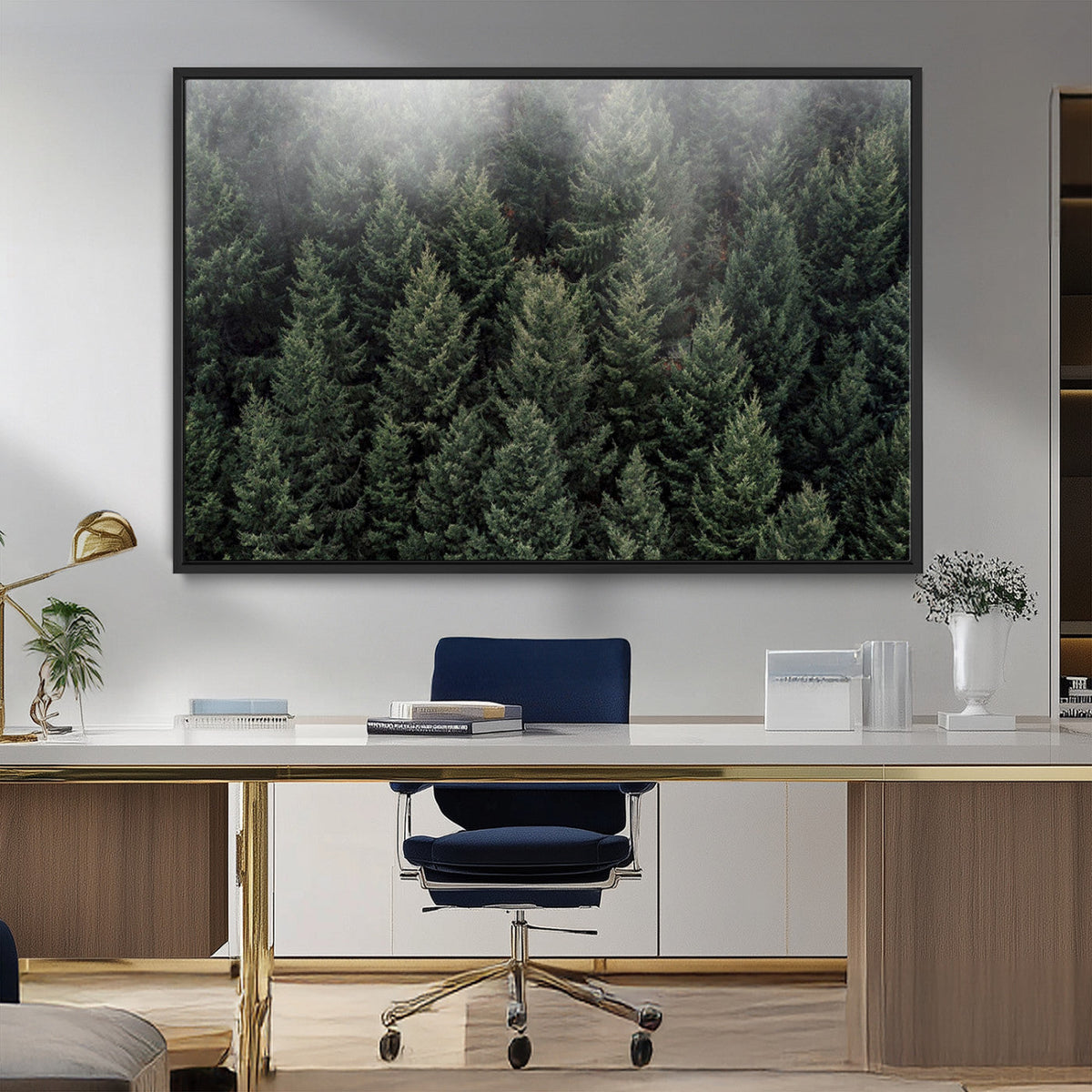 Dense Evergreen Forest Misty Morning Fog Pine Trees Woodland