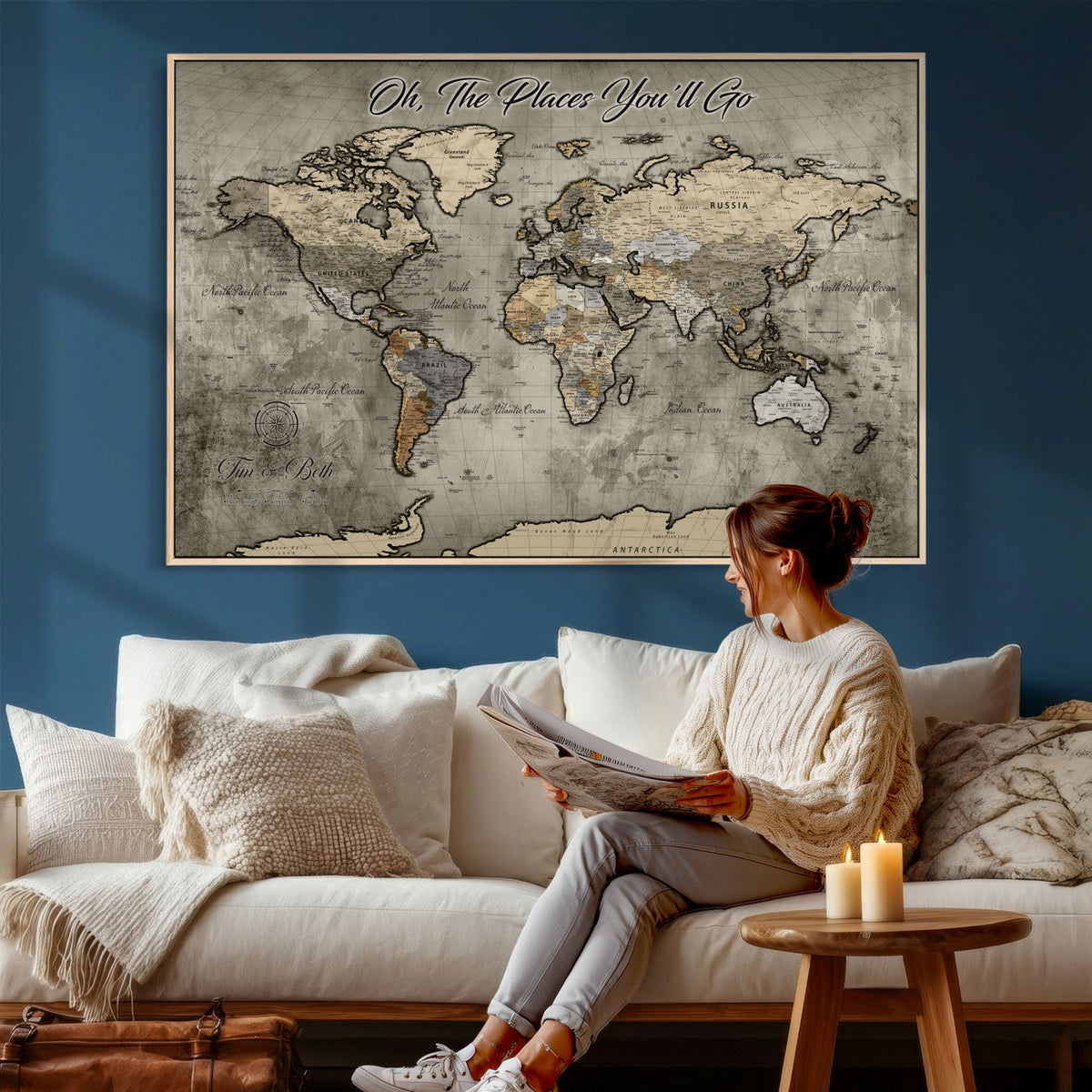 Personalized World Map Wall Art Canvas Print – Custom Push