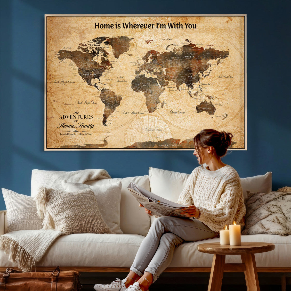 Vintage World Map Canvas Wall Art Print, Personalized