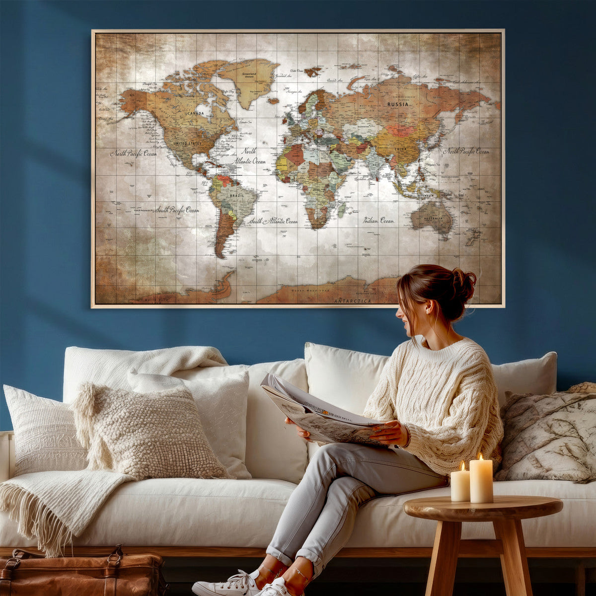 Vibrant Watercolor World Map Canvas Wall Art – Framed Travel