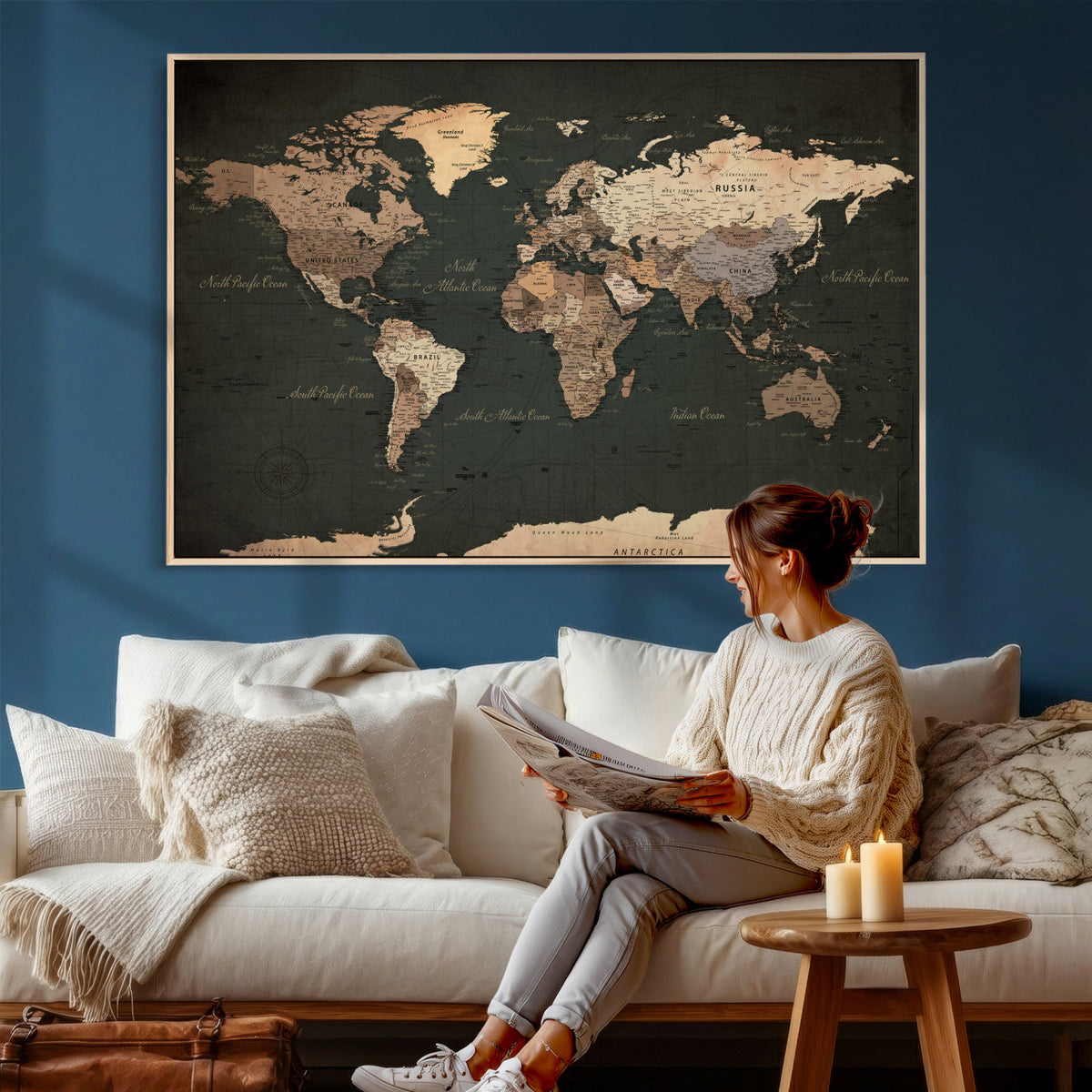 Vintage World Map Canvas Wall Art – Framed Travel Map for