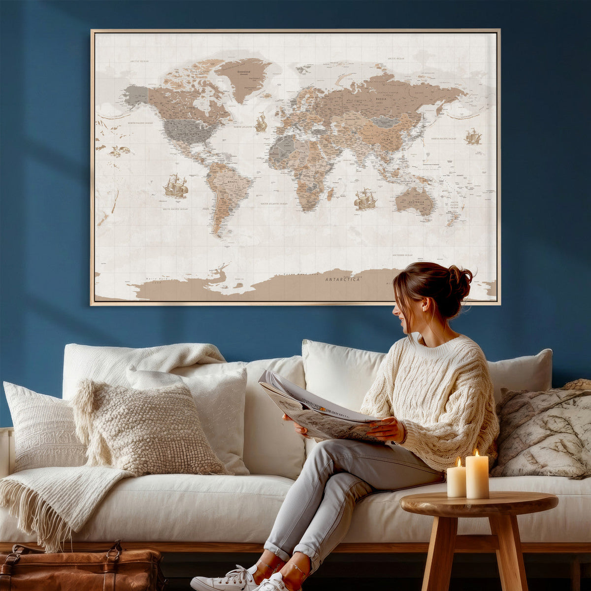 Framed Large World Map Canvas Print for Office Decor