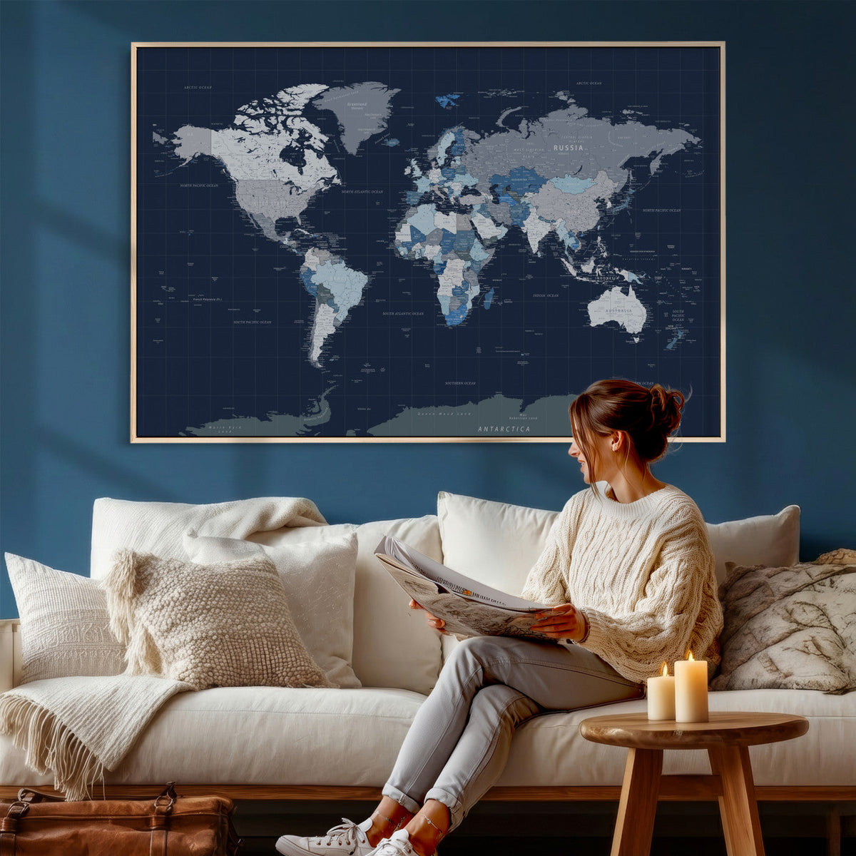 Blue Detailed World Map Wall Art Canvas Print, Modern Framed