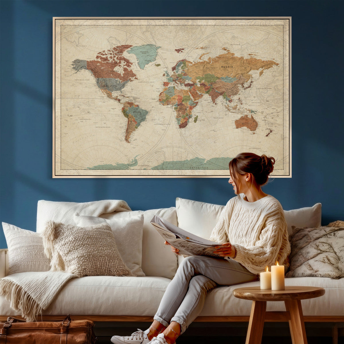 Vintage World Map Canvas Wall Art Print – Framed Modern