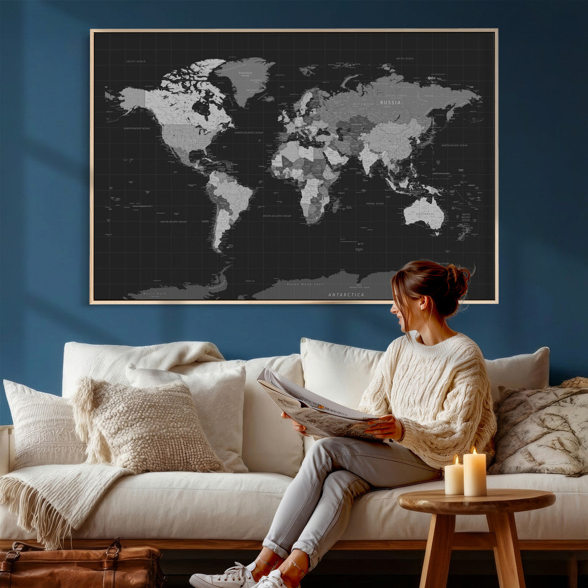Black World Map Wall Art Canvas Print – Detailed Map of the