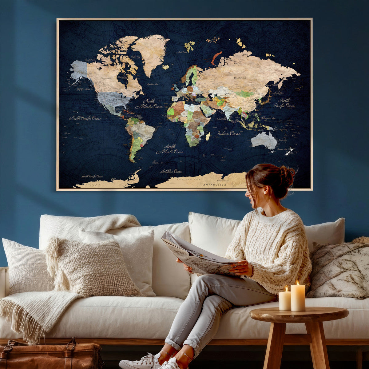 Minimalist World Map Canvas Wall Art - Watercolor Blue and
