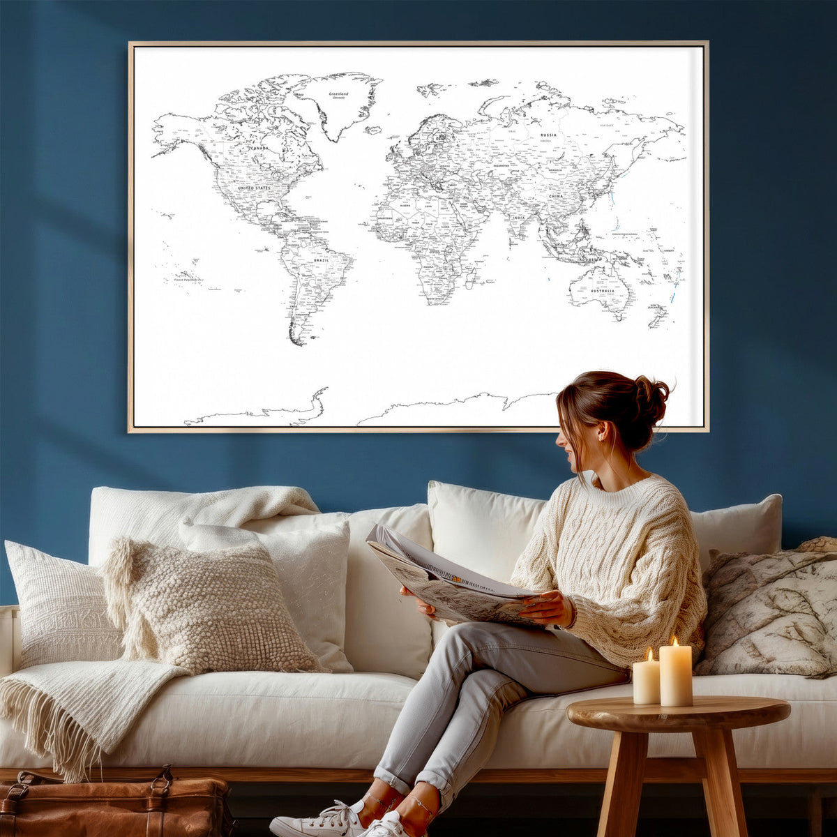World Map Canvas Print – Framed Modern Detailed Map of the