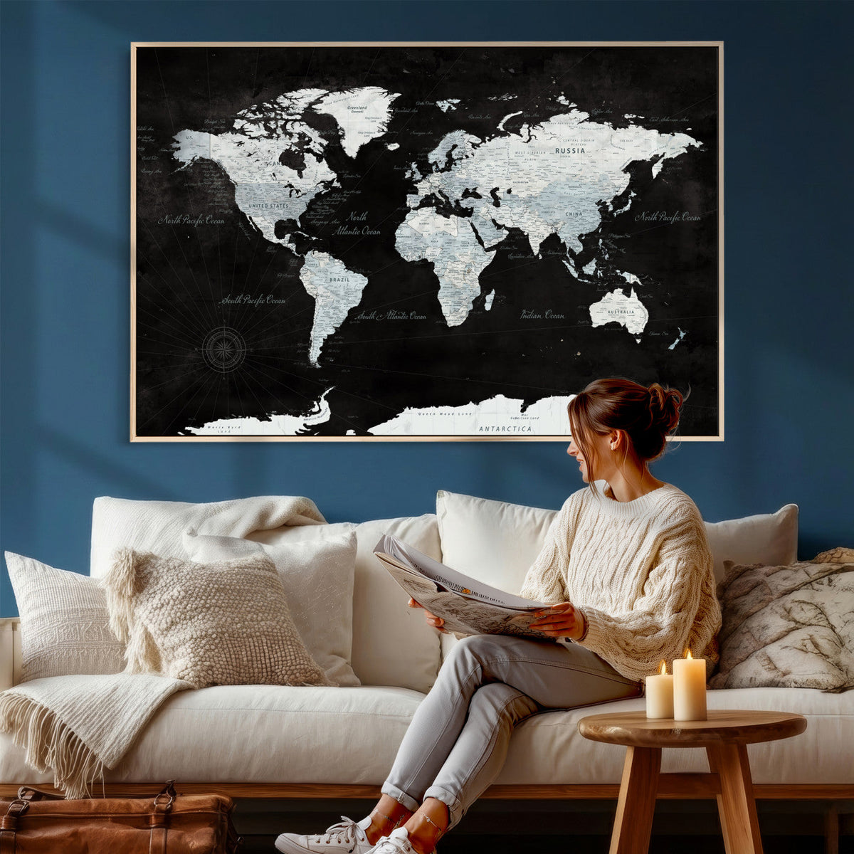 World Map Canvas Print – Framed Push Pin Wall Art, Color
