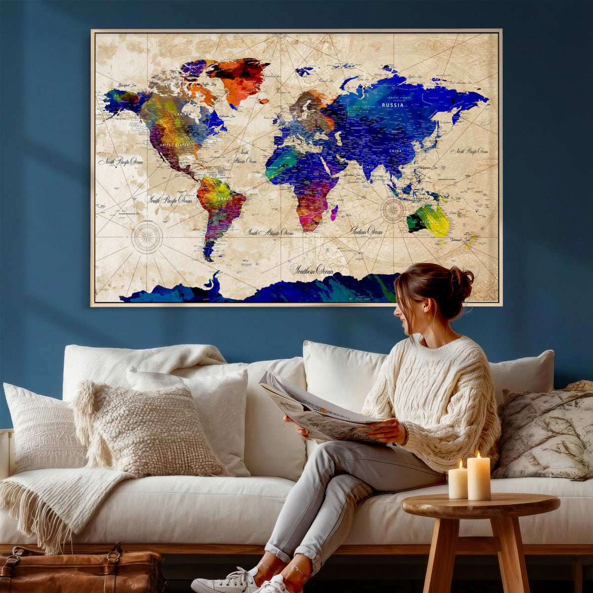 Watercolor World Map Canvas Print – Framed Wall Art for
