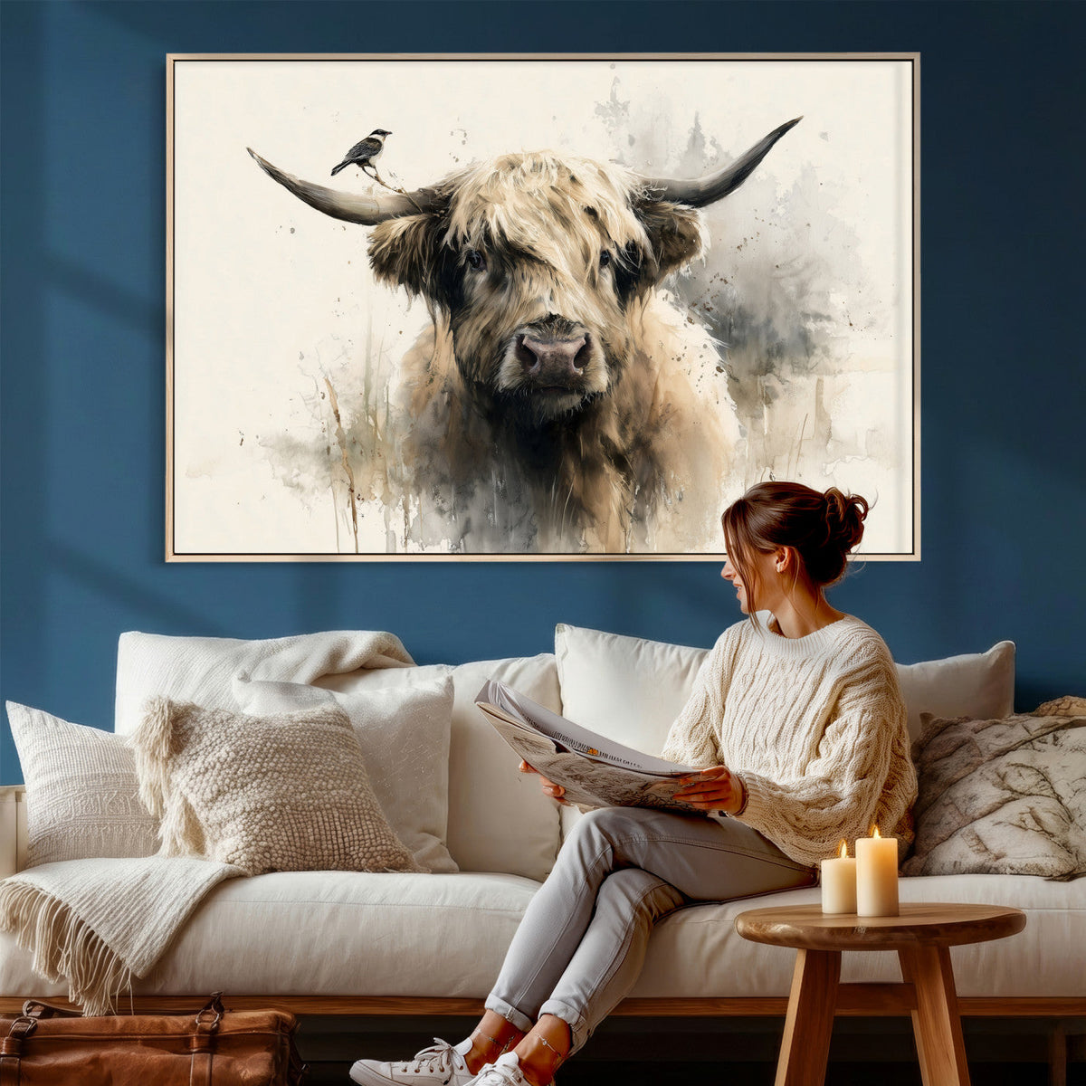 Abstract Highland Cow Wall Art Canvas Print, Rustic Farm