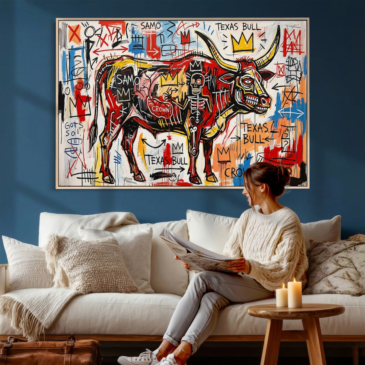 Texas Bull Wall Art Canvas Print, Abstract Graffiti Bull