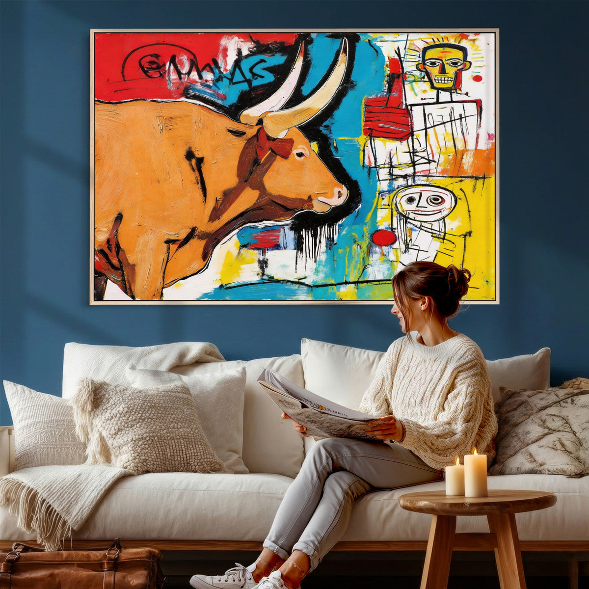 Basquiat Style Bull Graffiti Wall Art Canvas Print, Street
