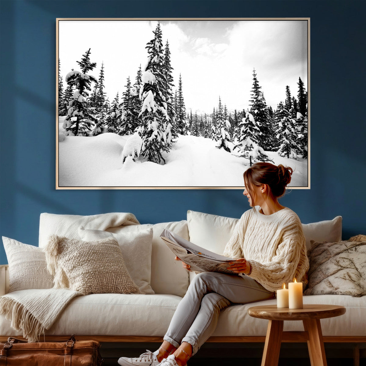 Black and White Snowy Pine Forest Wall Art Canvas Print,