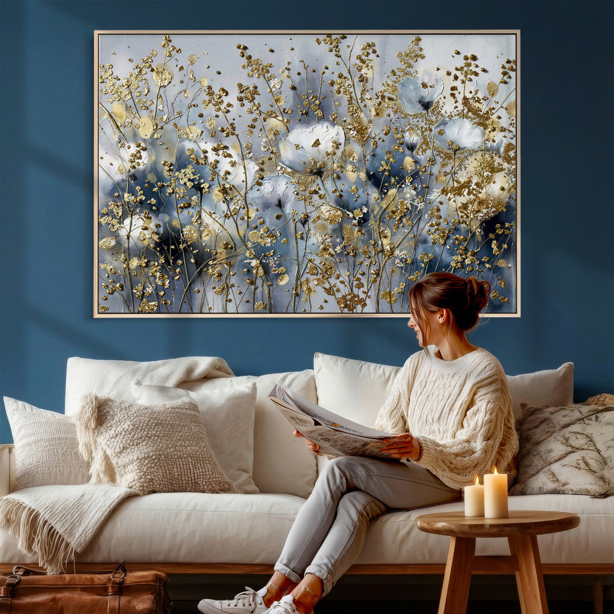 Abstract Floral Wall Art Canvas Print – Gold and Blue