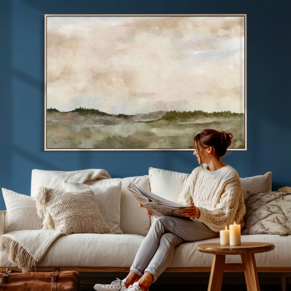 Muted Watercolor Hill Landscape Print — Beige Taupe Cloudy
