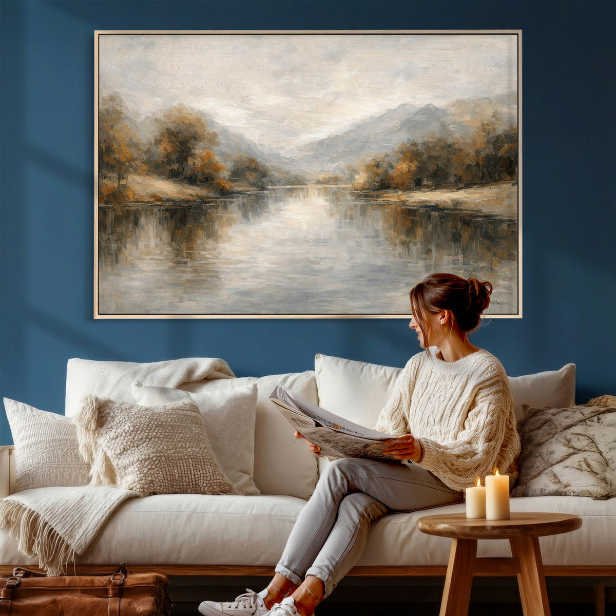 Neutral Abstract River Landscape Wall Art Canvas Print